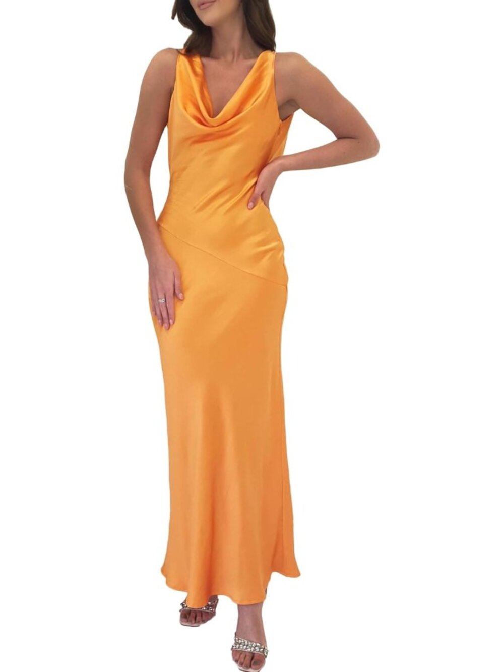 Women's Orangish Cowl Neck Summer Satin Backless Sleeveless Elegant Maxi Dress